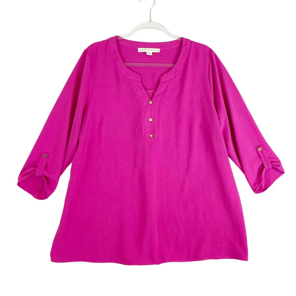 Good‎ Days Only Womens 1X Hot Pink Henley Roll Tab Sleeve Tunic Office Casual